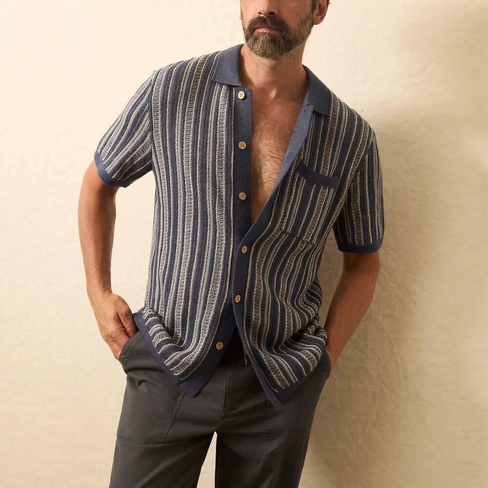 Faherty Short Sleeve River Cliffs Stripe Sweater Shirt Large NEW Cotton Linen